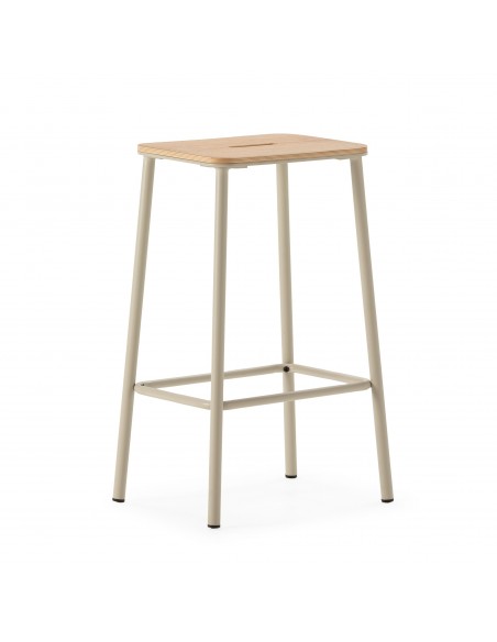 Taburete minimalista ABBA 65, metal beige y asiento de madera roble