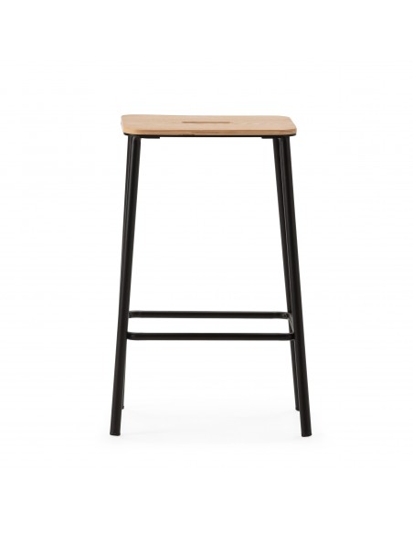 Banqueta minimalista ABBA 65, metal preto e assento em madeira Carvalho