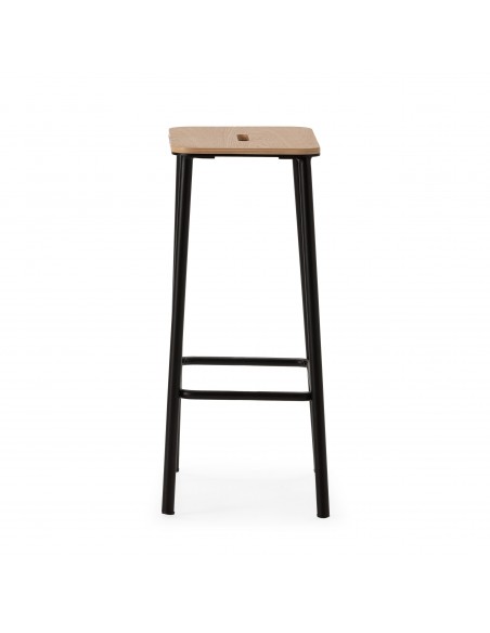 Banqueta minimalista ABBA 65, metal preto e assento em madeira Carvalho