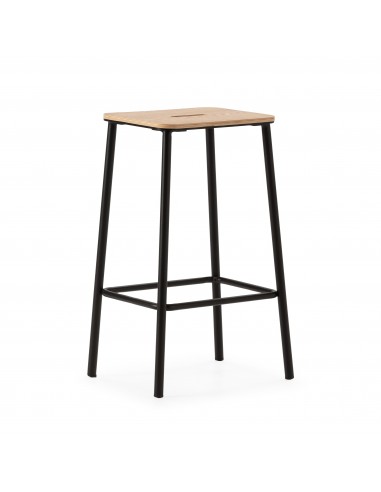 Banqueta minimalista ABBA 65, metal preto e assento em madeira Carvalho