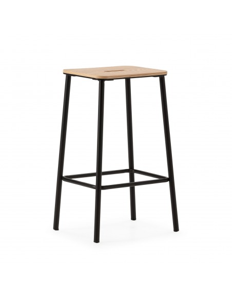 Banqueta minimalista ABBA 65, metal preto e assento em madeira Carvalho