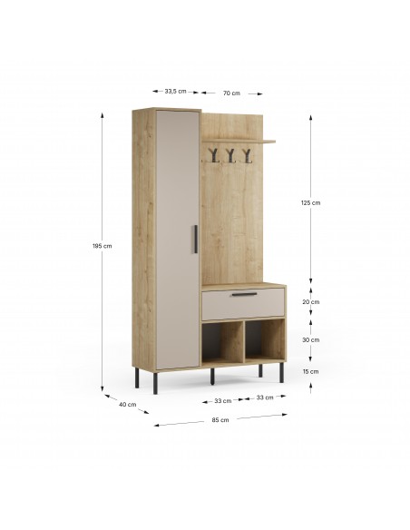 Móvei de hall com bengaleiro HEIDY 195 x 108, carvalho e melamina creme