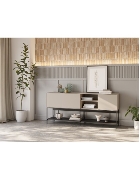 Aparador design AMIRA 180 x 80, melamina creme e metal preto