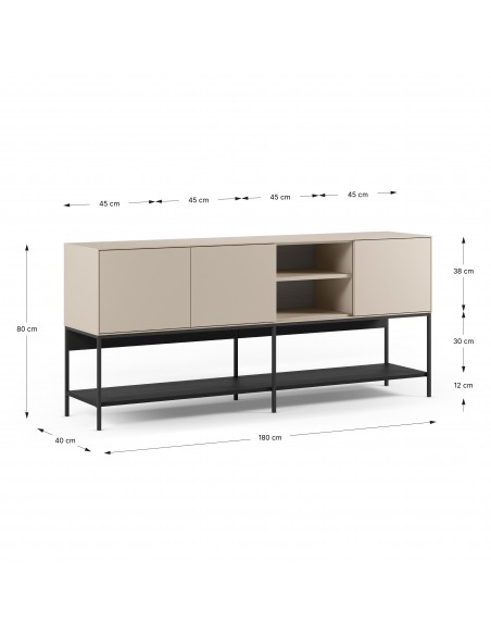 Aparador design AMIRA 180 x 80, melamina creme e metal preto