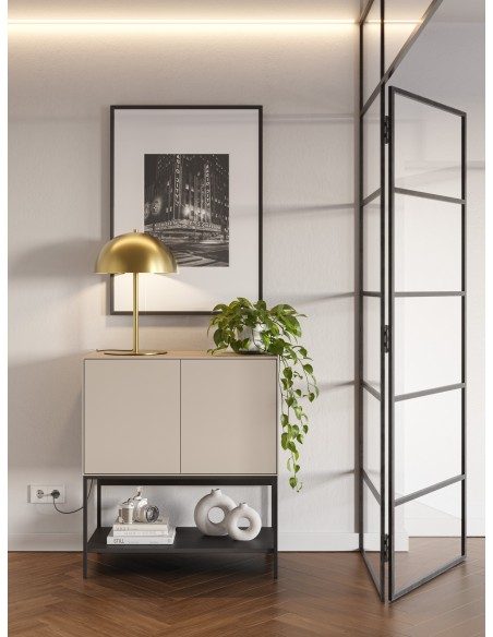 Mueble auxiliar de diseño AMIRA 80 x 90, melamina crema y patas de metal negro