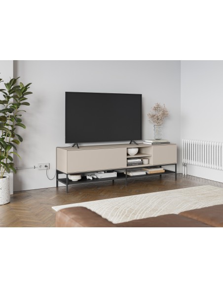 Mueble TV de diseño AMIRA 180 x 55, melamina crema y metal negro