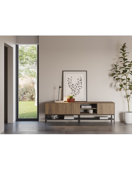 Mueble TV de diseño AMIRA 180 x 55, melamina roble y metal negro