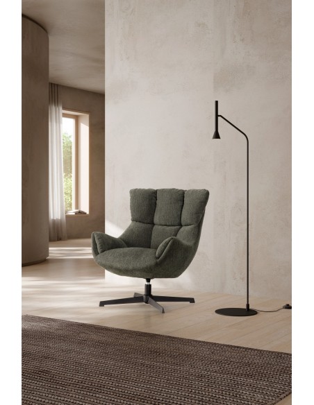 Poltrona giratória de design ODETTE em tecido verde e metal preto