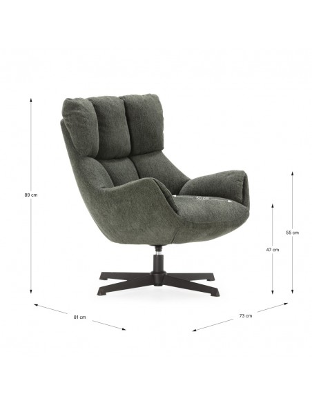 Poltrona giratória de design ODETTE em tecido verde e metal preto