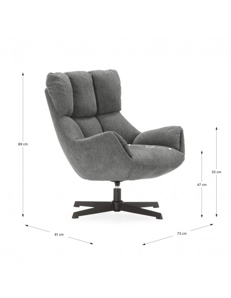 Sillón giratorio de diseño ODETTE en tejido gris y metal negro