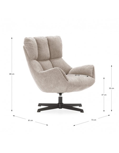 Sillón giratorio de diseño ODETTE en tejido beige y metal negro