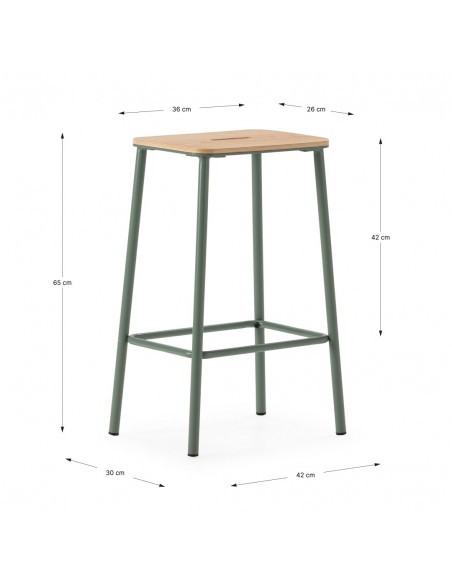 Taburete minimalista ABBA 65, metal aguamarina y asiento de madera roble