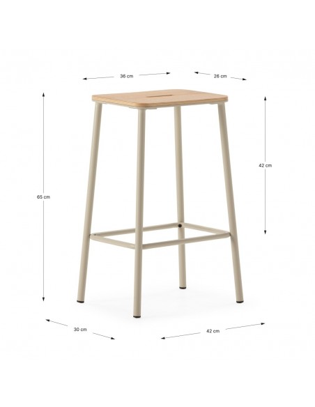 Banqueta minimalista ABBA 65, metal beige e assento em madeira de Carvalho