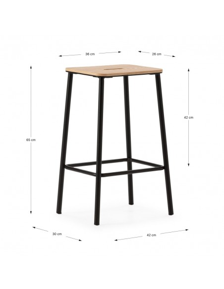 Taburete minimalista ABBA 65, metal negro y asiento de madera roble