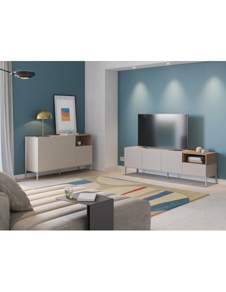 Aparador minimalista CAILIN 140 x 80, melamina creme e carvalho, pernas em metal