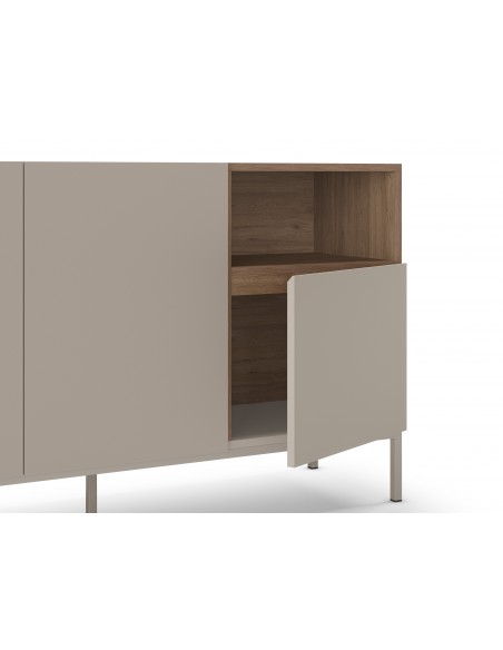 Aparador minimalista CAILIN 140 x 80, melamina crema y roble, patas de metal