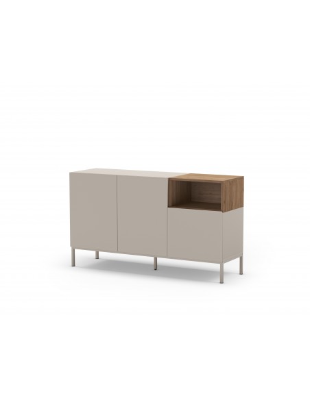 Aparador minimalista CAILIN 140 x 80, melamina crema y roble, patas de metal