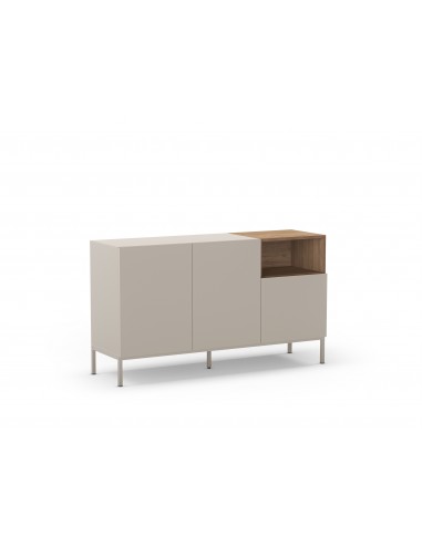 Aparador minimalista CAILIN 140 x 80, melamina crema y roble, patas de metal