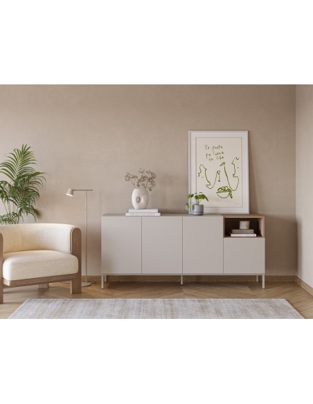 Aparador minimalista CAILIN 180 x 80, melamina creme e carvalho, pernas em metal