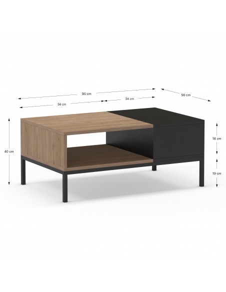 Mesa de centro minimalista CAILIN 90 x 40, melamina sepet e preto, pés em metal