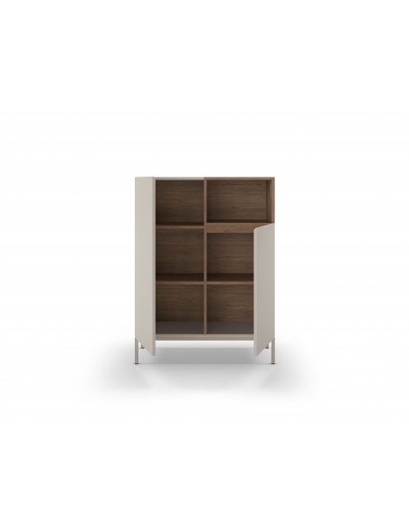 Aparador alto minimalista CAILIN 90 x 120, melamina creme e carvalho, pernas em metal