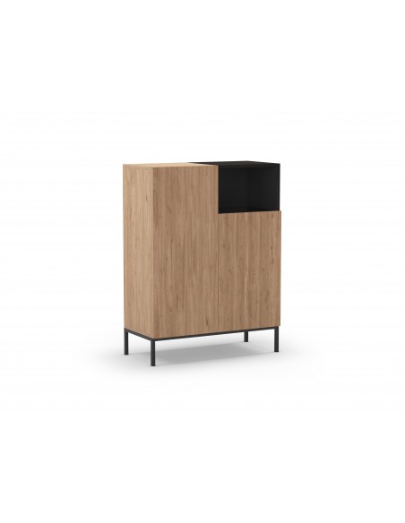 Aparador alto minimalista CAILIN 90 x 120, melamina roble y negro, patas de metal