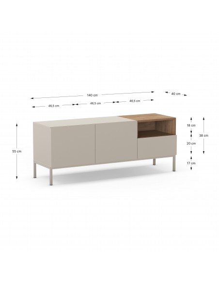 Mueble TV minimalista CAILIN 140 x 55, melamina crema y roble, patas de metal