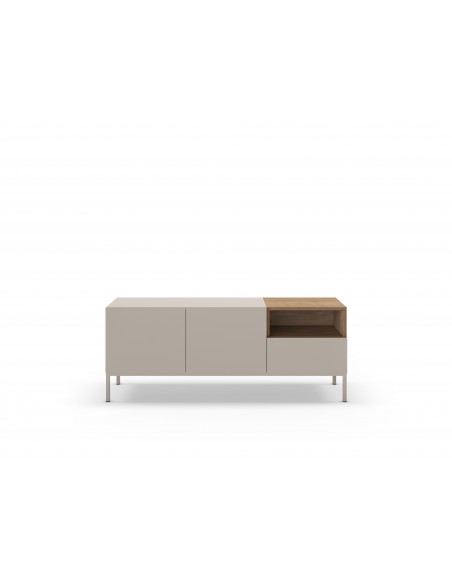 Mueble TV minimalista CAILIN 140 x 55, melamina crema y roble, patas de metal