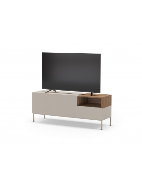 Mueble TV minimalista CAILIN 140 x 55, melamina crema y roble, patas de metal