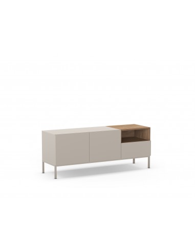 Mueble TV minimalista CAILIN 140 x 55, melamina crema y roble, patas de metal