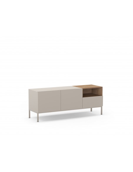 Mueble TV minimalista CAILIN 140 x 55, melamina crema y roble, patas de metal