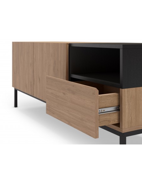 Mueble TV de diseño CAILIN 140 x 55 melamina roble y negro, patas de metal