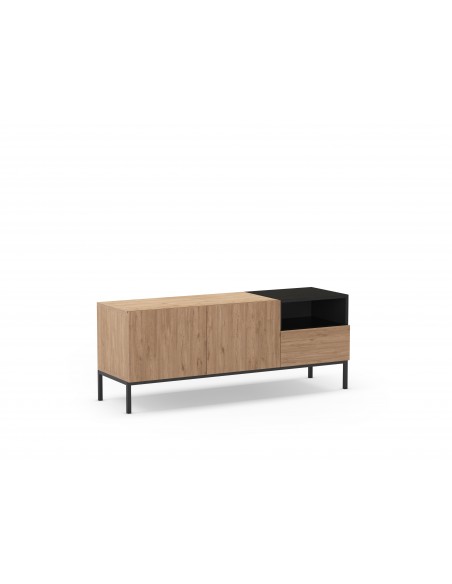 Mueble TV de diseño CAILIN 140 x 55 melamina roble y negro, patas de metal