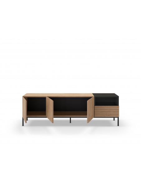 Mueble TV de diseño CAILIN 180 x 55, melamina roble y negro, patas de metal