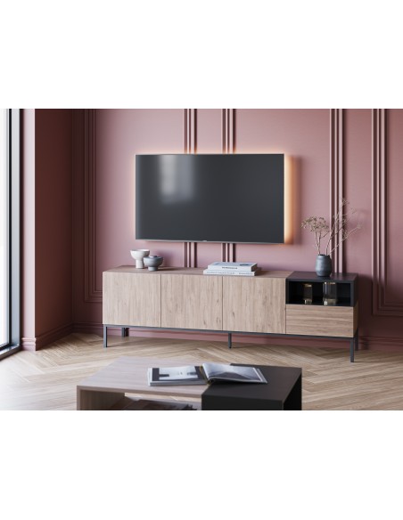 Mueble TV de diseño CAILIN 180 x 55, melamina roble y negro, patas de metal
