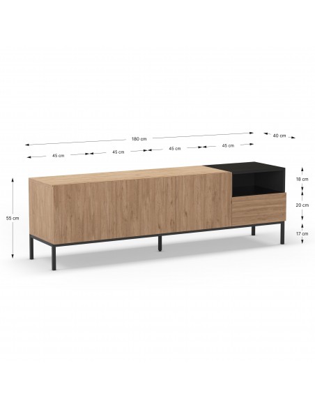 Mueble TV de diseño CAILIN 180 x 55, melamina roble y negro, patas de metal