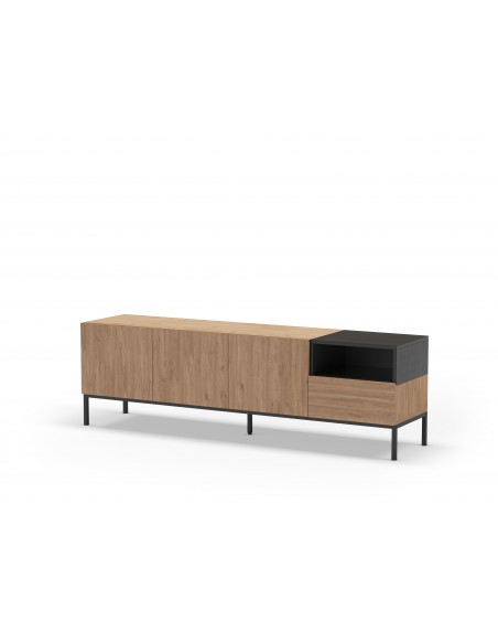 Mueble TV de diseño CAILIN 180 x 55, melamina roble y negro, patas de metal