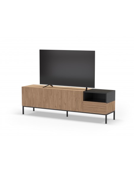 Mueble TV de diseño CAILIN 180 x 55, melamina roble y negro, patas de metal