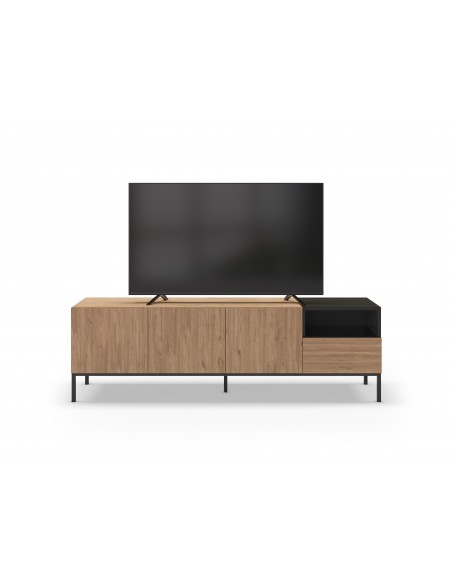 Mueble TV de diseño CAILIN 180 x 55, melamina roble y negro, patas de metal