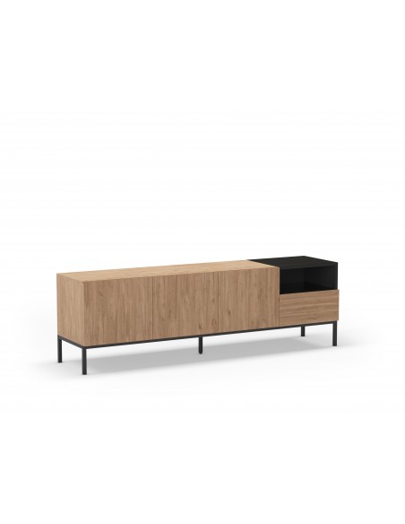 Mueble TV de diseño CAILIN 180 x 55, melamina roble y negro, patas de metal
