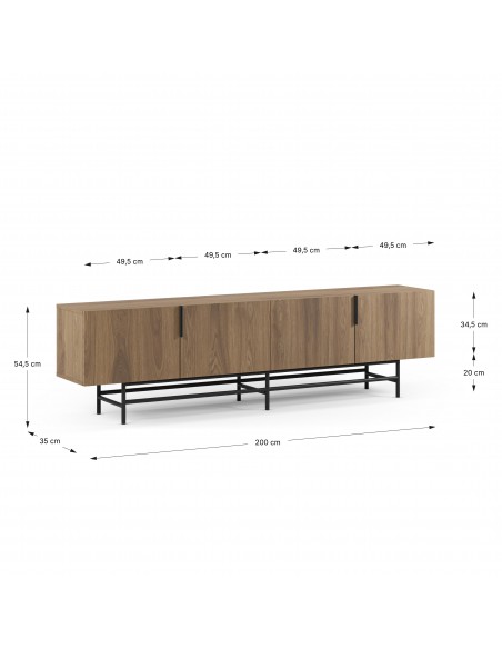 Mueble de TV minimalista 200 x 55cm ELDIA, 4 puertas, color roble