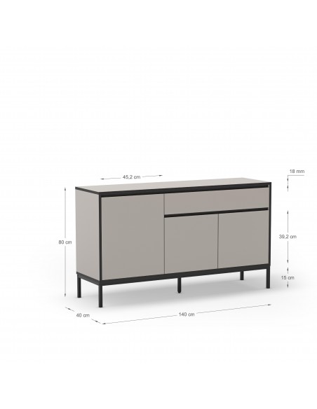 Aparador moderno LORENZA 140 x 80, melamina creme e preta, pés de metal