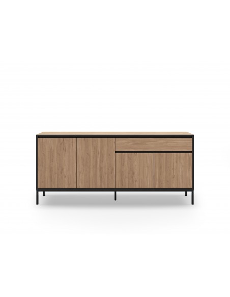 Aparador moderno LORENZA 180 x 80, melamina roble y negro, patas de metal