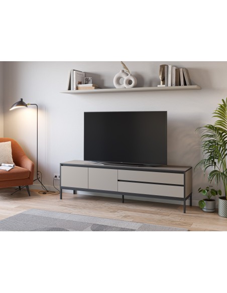 Móvel de TV moderno LORENZA 180 x 55, melamina creme e preta, pernas de metal