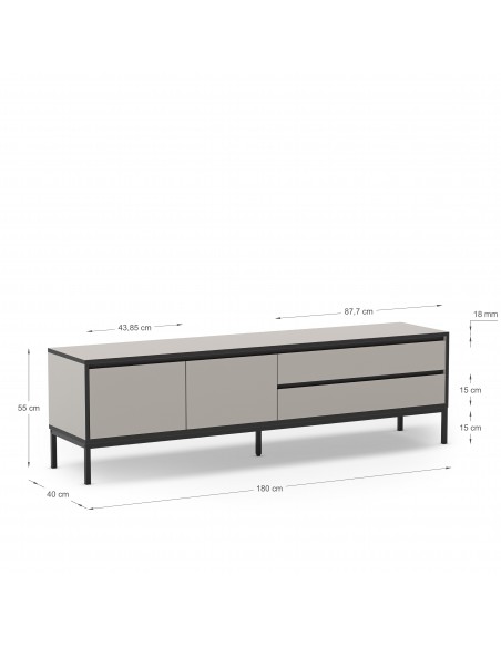 Móvel de TV moderno LORENZA 180 x 55, melamina creme e preta, pernas de metal