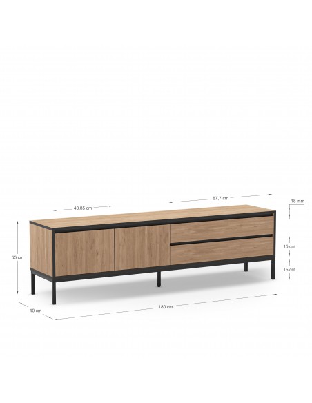 Mueble de TV moderno LORENZA 180 x 55, melamina roble y negro, patas de metal