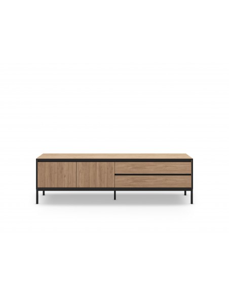 Mueble de TV moderno LORENZA 180 x 55, melamina roble y negro, patas de metal