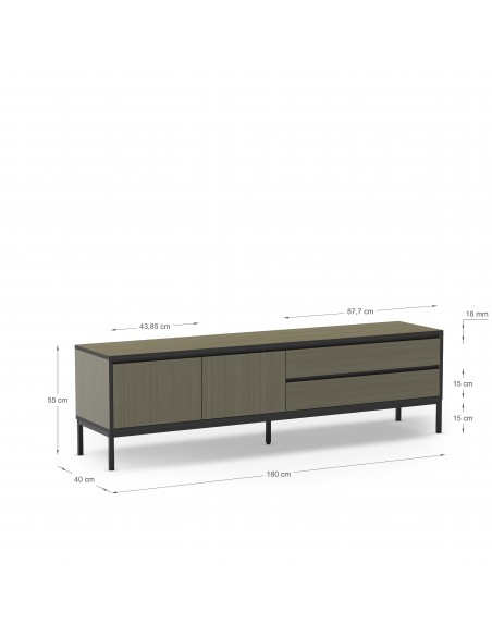 Mueble de TV moderno LORENZA 180 x 55, melamina verde y negro, patas de metal
