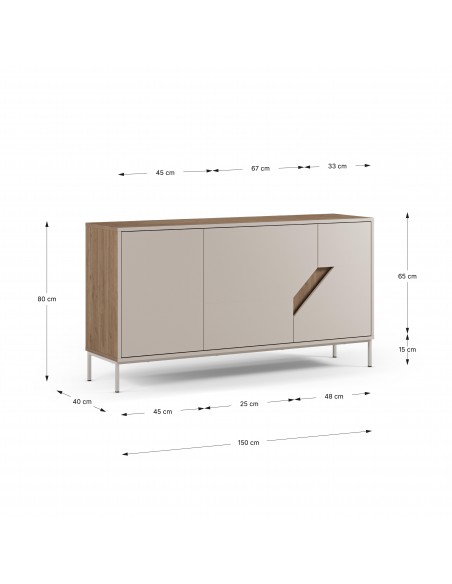 Aparador de design LILOU 150, 3 portas, melamina carvalho e creme