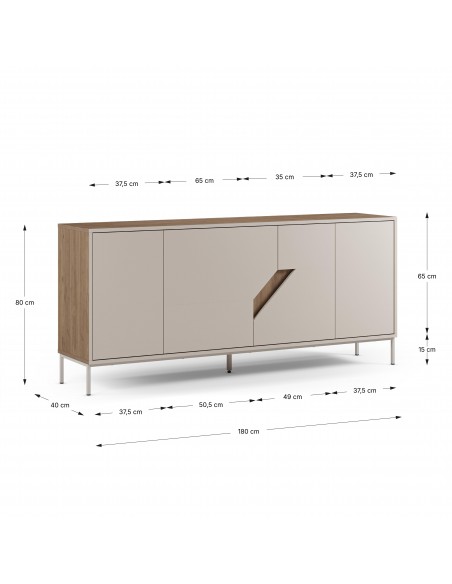 Aparador de diseño LILOU 180, 4 puertas melamina roble y crema